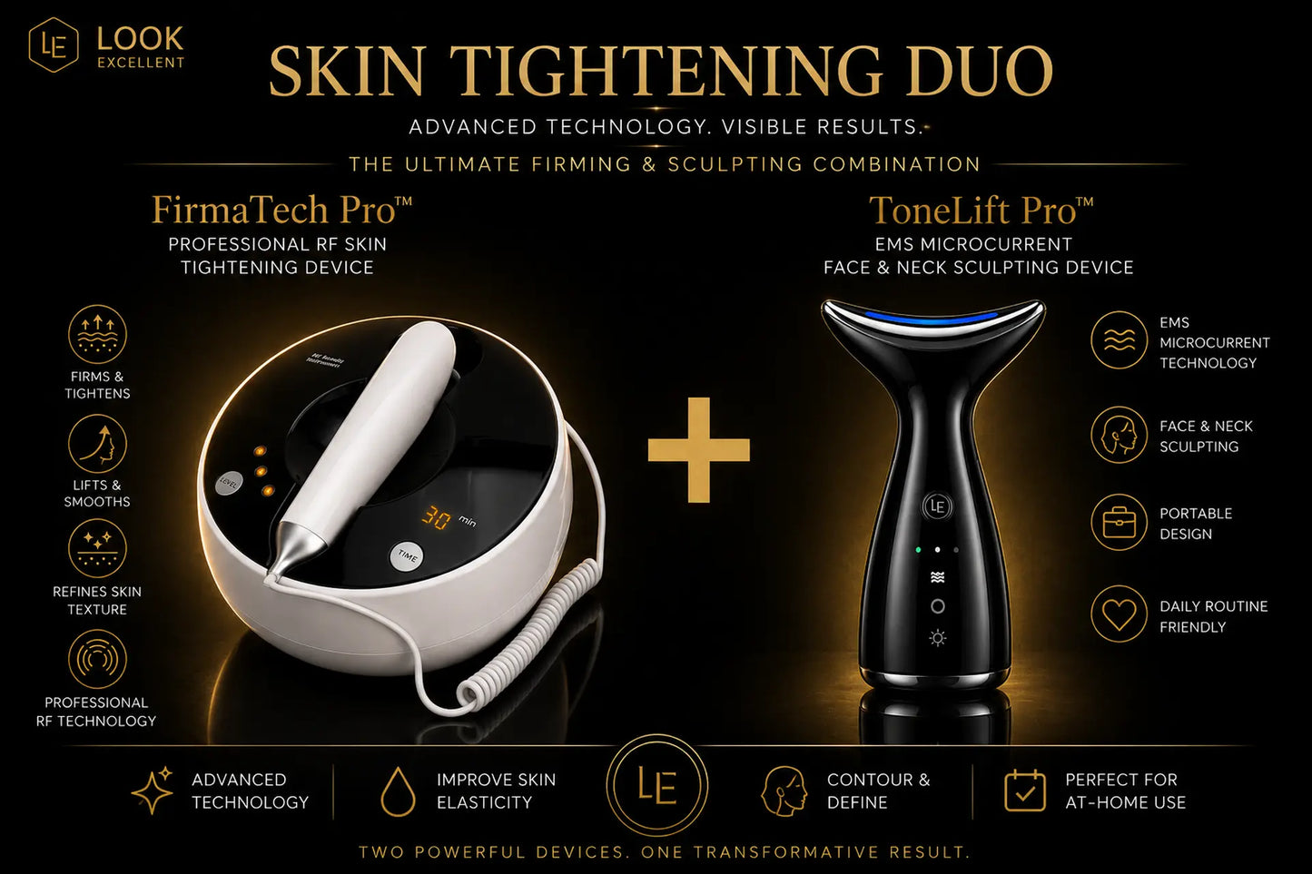 Skin Tightening Duo with FirmaTech Pro RF radiofrequency device and ToneLift Pro EMS microcurrent device for at-home skin firming