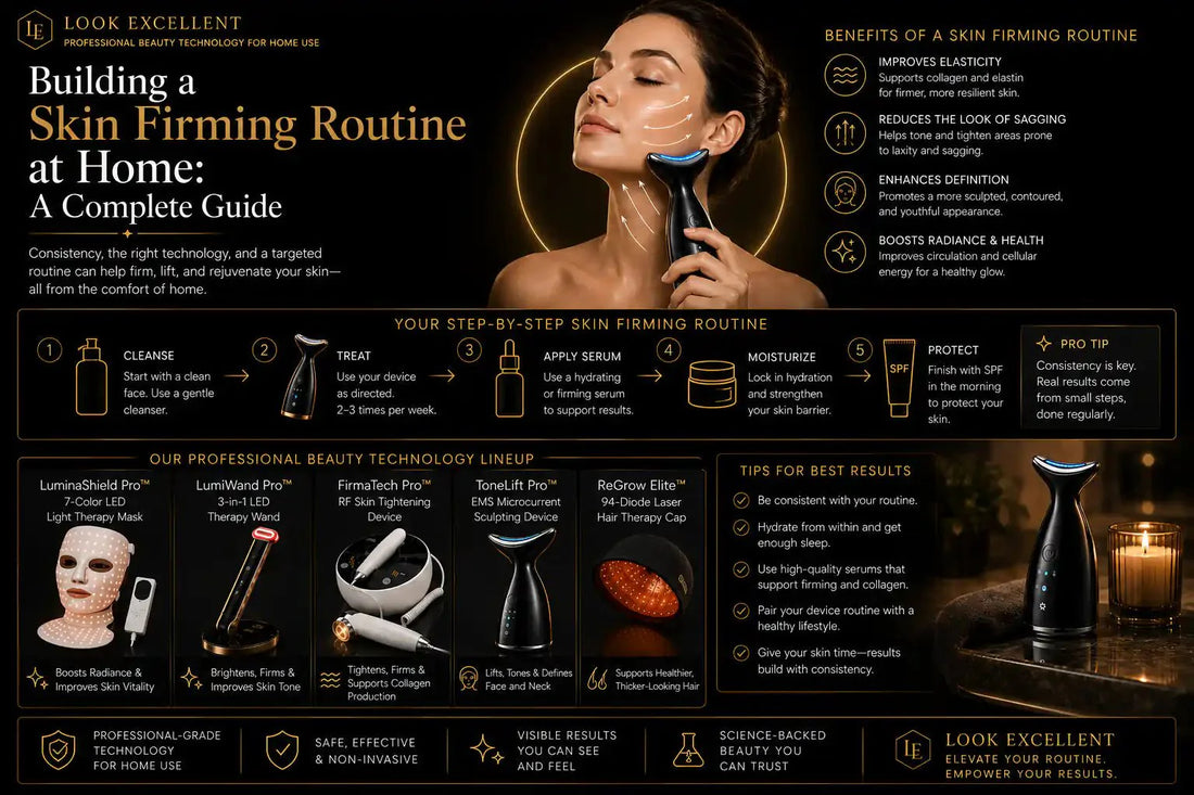 Woman using at-home beauty device as part of a skin firming skincare routine