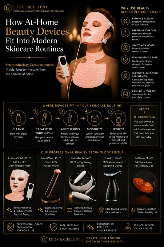 At-home LED and RF beauty devices integrated into a modern skincare routine