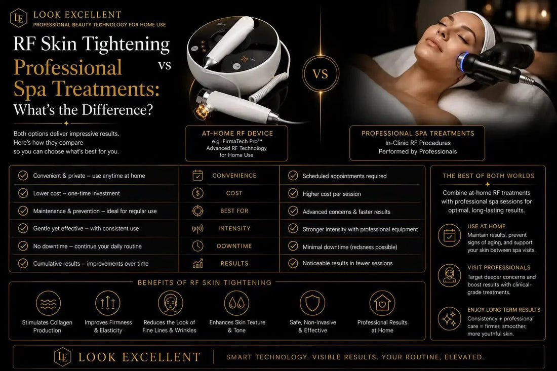 At-home RF skin tightening device compared to professional spa facial treatment