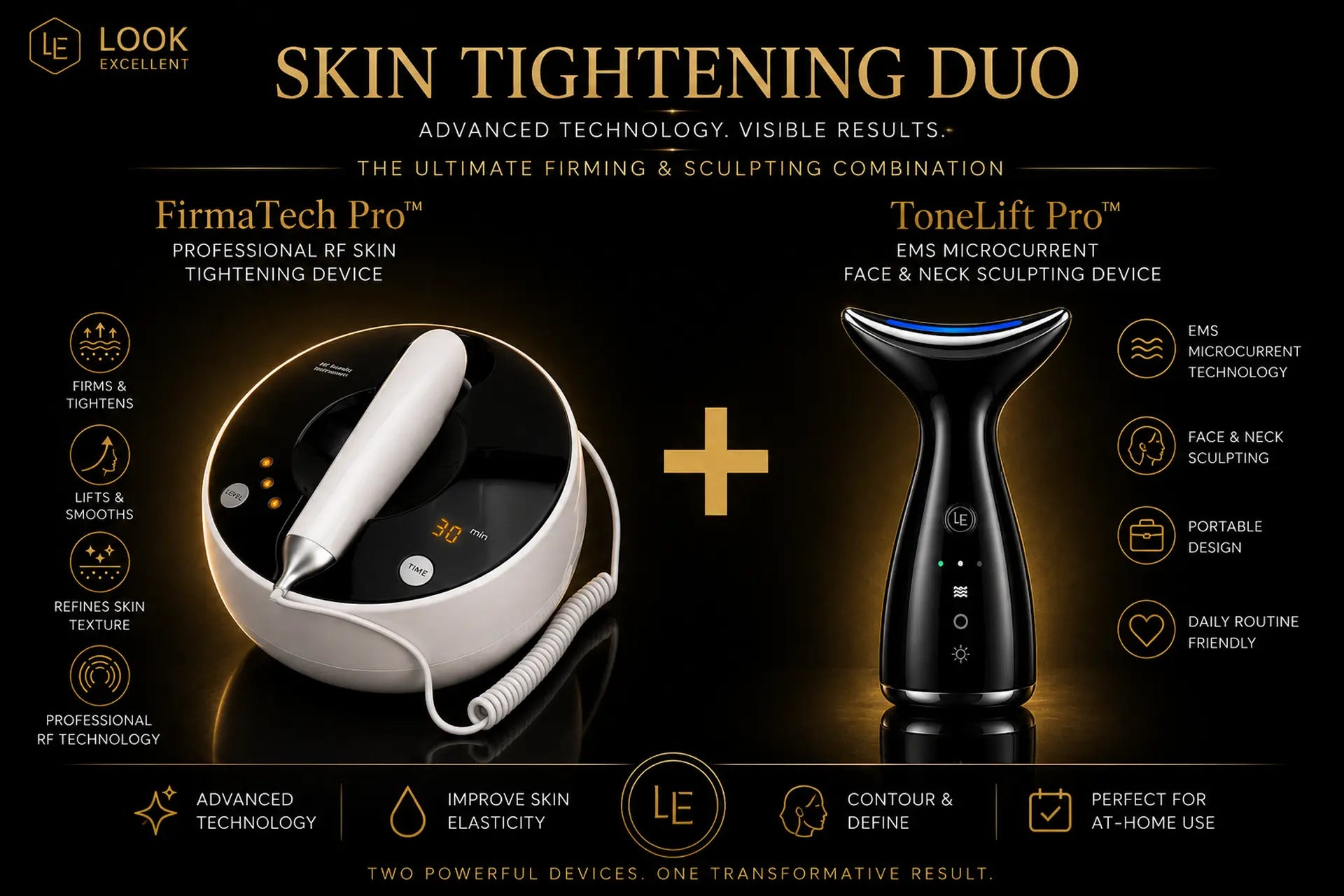 Skin Tightening Duo with FirmaTech Pro RF radiofrequency device and ToneLift Pro EMS microcurrent device for at-home skin firming