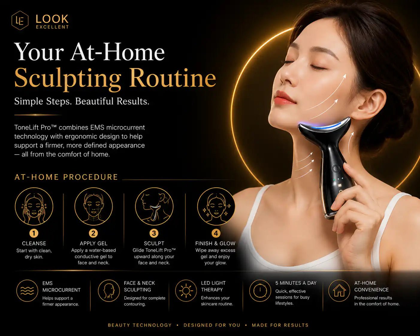 ToneLift Pro EMS microcurrent face and neck sculpting device for at-home beauty routines